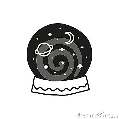 Hand drawn witch crystal ball with stars, moon and planet. Vector Illustration