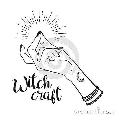 Hand drawn witch hand with snapping finger gesture. Flash tattoo, blackwork, sticker, patch or print design vector illustration Vector Illustration