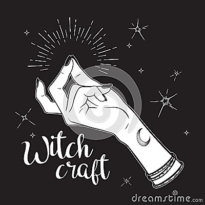 Hand drawn witch hand with snapping finger gesture. Flash tattoo, blackwork, sticker, patch or print design vector illustration Vector Illustration