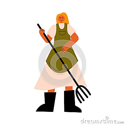 Woman farmer in boots standing and holding pitchfork vector illustration Vector Illustration