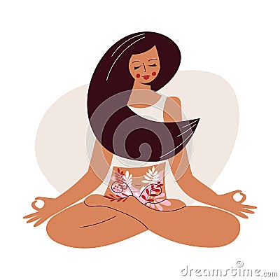 Hand drawn woman with floral feminine gynecology. Womb wonder - gynecology and female intimate health concept. Beauty Vector Illustration