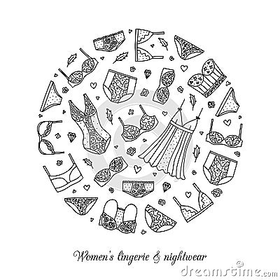 Hand drawn women lingerie and nightwear in circle. Vector Illustration