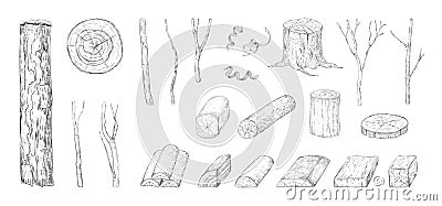 Hand drawn wood log. Sketch of tree trunk and plank. Wooden branch and lumber. Natural timber construction materials Vector Illustration