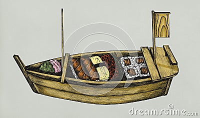 Hand drawn wooden boat filled with sushi Stock Photo