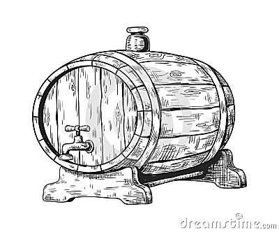 Hand drawn wooden keg with beer. Round cask with faucet and plug. Liquid storage for pub and brewery or winery Cartoon Illustration