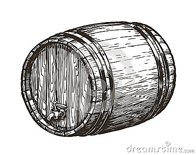 Hand drawn wooden oak barrel. Wine, whisky, beer sketch. Vintage vector illustration Vector Illustration