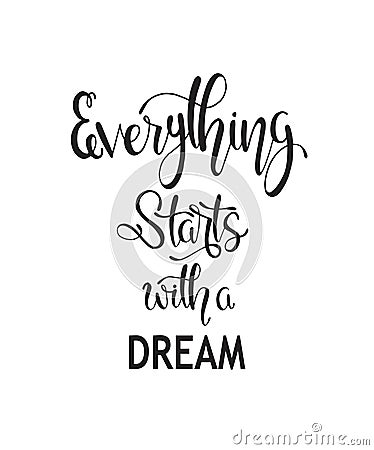 Hand drawn words. Brush pen lettering with phrase Everything starts with a dream Cartoon Illustration