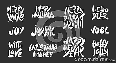 Hand drawn words set Christmas and New Year holiday on dark background. Hand drawn unique typography design elements Vector Illustration