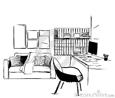 Hand drawn workplace. Furniture sketch. Office at home. Freelance Vector Illustration