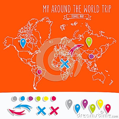 Hand drawn world map with pins and arrows vector Vector Illustration