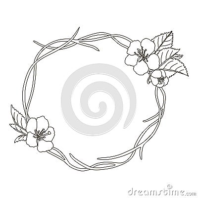 hand drawn wreath with cherry blossom on branches round frame Vector Illustration