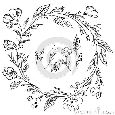 Hand drawn wreath. Floral circle frame design elements for invitations, greeting cards, posters, blogs. Delicate set of flowers, Stock Photo