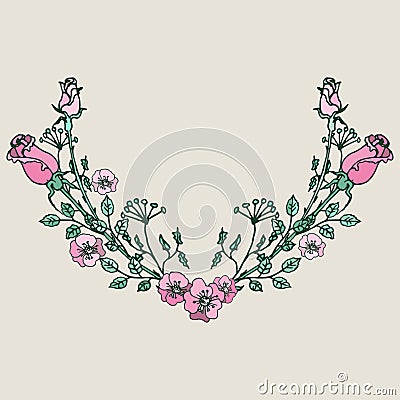 Hand drawn wreath with flowers Vector Illustration