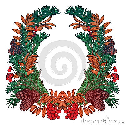 Hand drawn wreath with red berries and fir branches. Round frame for Christmas cards winter design. Vector layout copyspace Cartoon Illustration