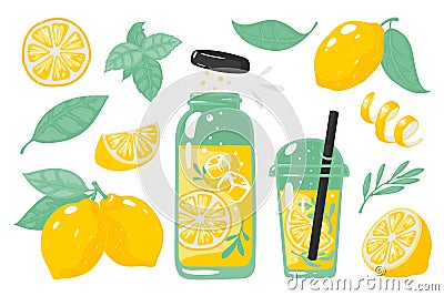 Hand drawn yellow lemon. Summer cold lemonade with slices of lemon bottle glass and straw. Vector doodle set of lemons Vector Illustration