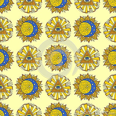 Hand drawn yellow sun planet esoteric occult mystic seamless pattern background star vector illustration Vector Illustration