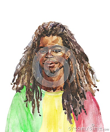 Hand drawn young African man, rastaman on white background. Watercolor realistic portrait. Cartoon Illustration