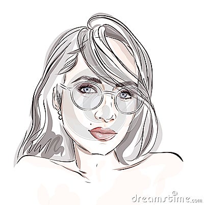 Hand-drawn young beautiful brunette girl in sunglasses. Fashion illustration of a stylish look. Vector Illustration