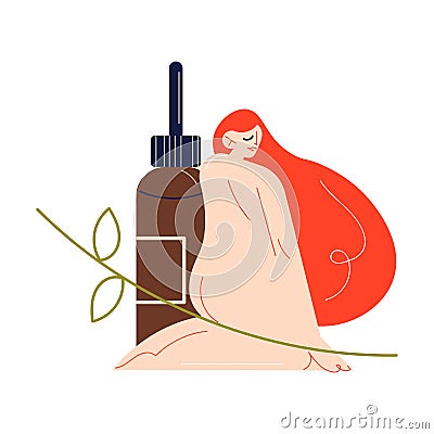 Naked red haired woman sitting near bottle with natural organic cosmetics Vector Illustration