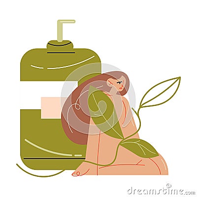 Naked woman in herbs sitting near bottle with natural organic cosmetics Vector Illustration