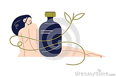 Naked woman lying and looking at big bottle with natural organic cosmetics Vector Illustration