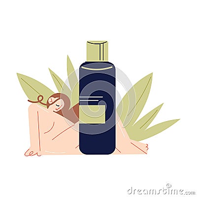 Naked woman relaxing over bottle with natural organic cosmetics Vector Illustration
