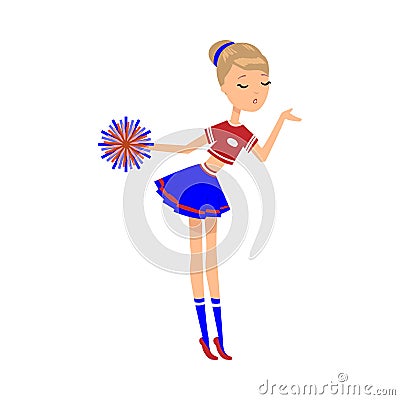 Blond girl cheerleader with pompons blowing kiss vector illustration Vector Illustration