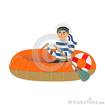 Man sailor in striped uniform sitting riding dinghy vector illustration Vector Illustration