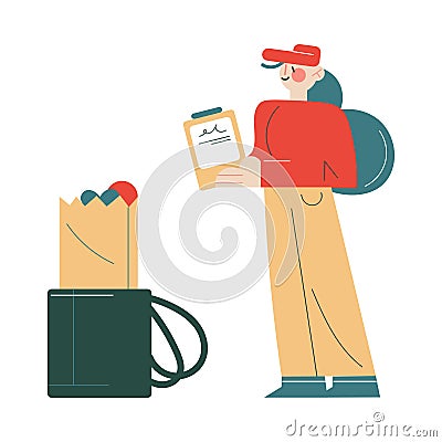 Courier in working uniform delivering fresh food and drinks order to client home address Vector Illustration