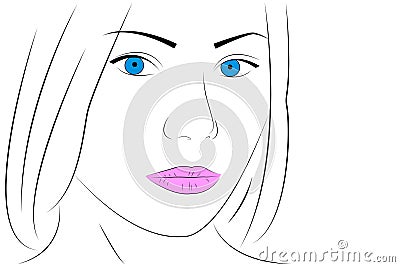 Hand drawn Young woman face. Beautiful girl with pink lips on a white background.Vector isolated illustration. Glamour fashion Vector Illustration