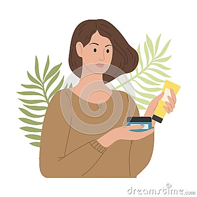 Young woman holding bottle and tube with certified organic natural cosmetics Vector Illustration