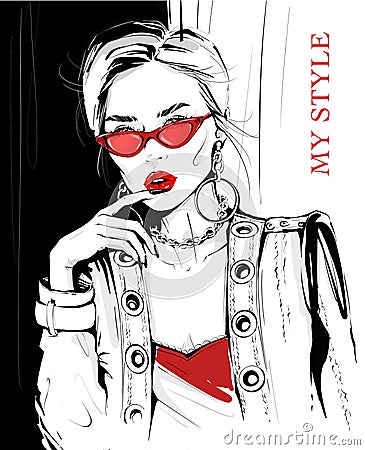 Hand drawn young woman in leather jacket. Rock style fashion girl. Stylish woman. Sketch. Cartoon Illustration