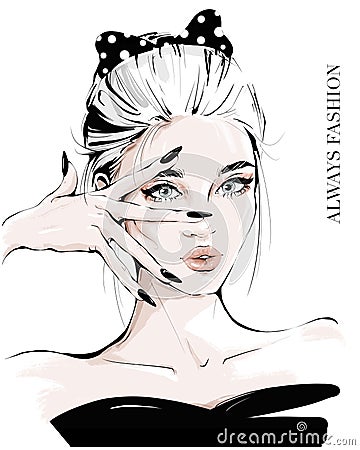 Hand drawn young woman with hand near face. Fashion girl with spotted black bow in her hair. Stylish woman. Sketch. Cartoon Illustration