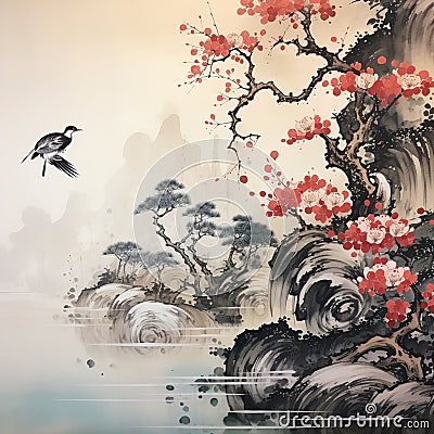 Hand-Drawn Zen Beauty Japanese Sumi-E Stock Photo