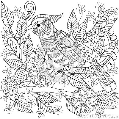 Hand drawn zentangle bird sitting on blooming tree branch for ad Vector Illustration