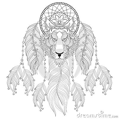 Hand drawn zentangle Dreamcatcher with tribal Tiger face for adult coloring pages, post card, t-shirt print, Boho style. Isolated Vector Illustration