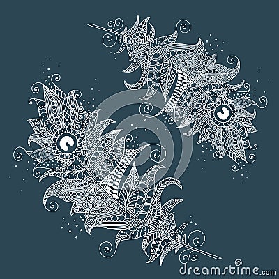 Hand drawn zentangle feather on dark background Vector Illustration