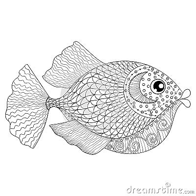 Hand drawn zentangle Fish for adult anti stress coloring pages, Vector Illustration