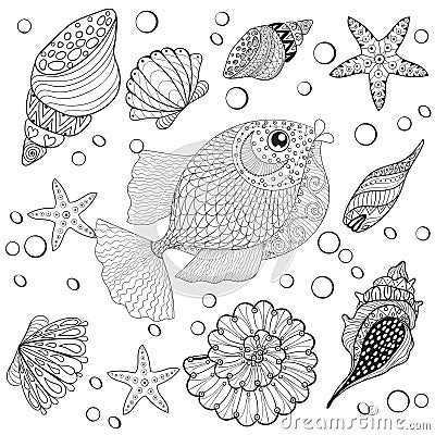 Hand drawn zentangle Fish with sea shells for adult anti stress Vector Illustration