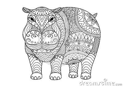 Hand drawn zentangle hippopotamus for coloring book for adult, tattoo, shirt design and other decorations Vector Illustration