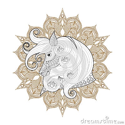 Hand drawn zentangle Ornamental Horse on mehendi mandala for adult coloring pages, post card, t-shirt print, Horse logo icon. Iso Vector Illustration
