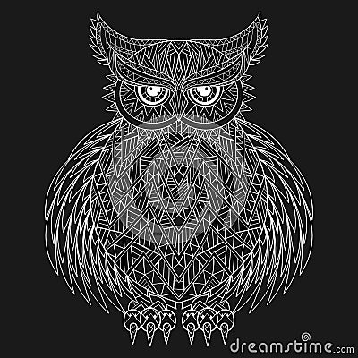 Hand drawn zentangle Owl, bird totem for adult Coloring Page in Vector Illustration
