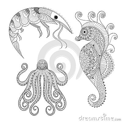 Hand drawn zentangle Shrimp, Sea Horse, Octopus for adult anti s Vector Illustration