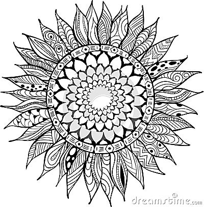 Hand drawn zentangle sunflowers ornament for coloring book Vector Illustration