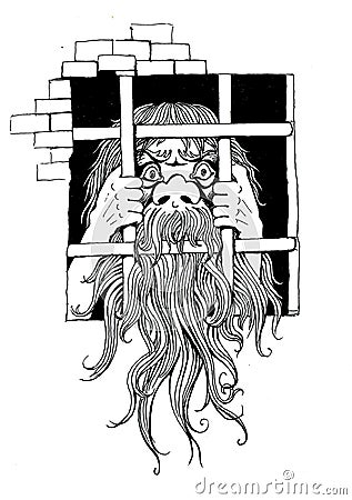 Hand drawning of old bearded prisoner looking through the jail window Stock Photo