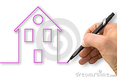 A hand draws the outline of a pink house - concept image Stock Photo