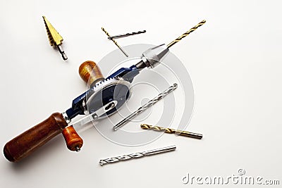 Hand Drill with Drill bits Stock Photo
