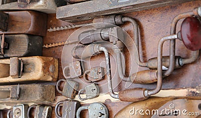 Hand drill old rusty padlocks and planers in the stand of flea m Stock Photo