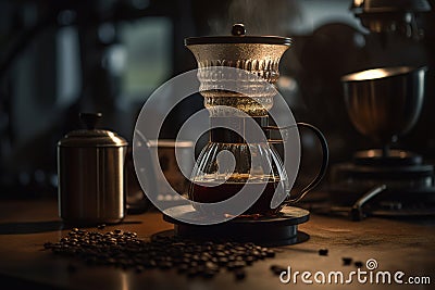 Hand drip coffee kit, barista pouring water on coffee ground with filter. Generative ai Stock Photo