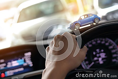 Hand driver control steering wheel driving car Stock Photo